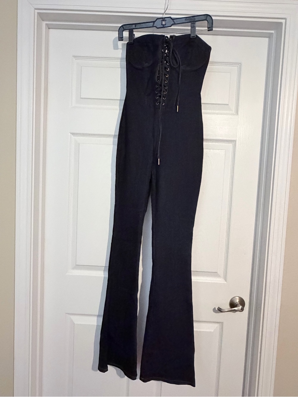 Fashion Nova Black Strapless Lace-Up Wide Leg Jumpsuit
